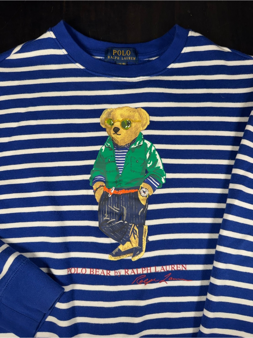 Polo by Ralph Lauren Blue and White Striped Polo Bear Crewneck Sweater L 14-16